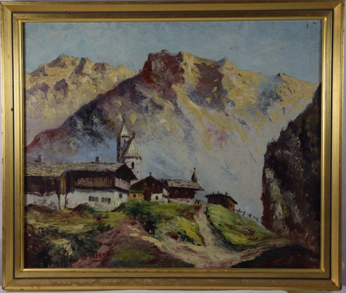 Village At The Foot Of A Mountain Range, Oil On Cardboard 