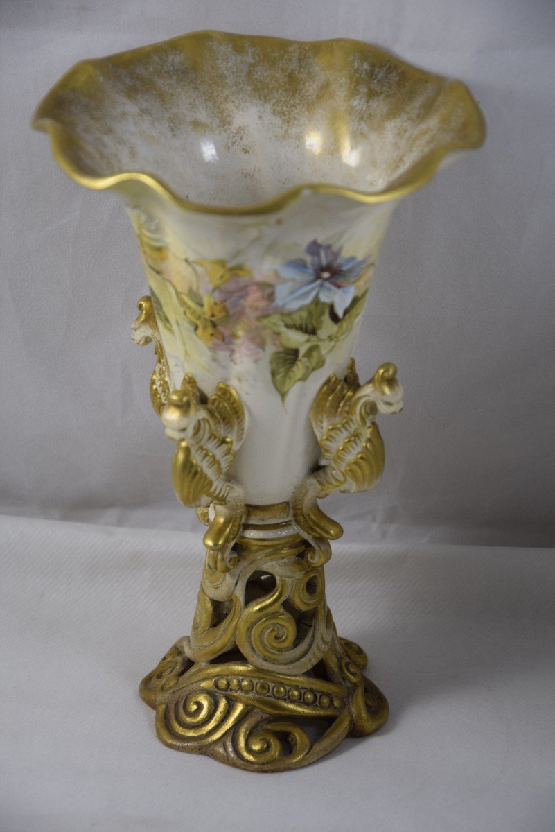 Pair Of Trumpet Vases In Enameled Ceramic, Lambeth Doulton England, Late 19th Century -photo-4
