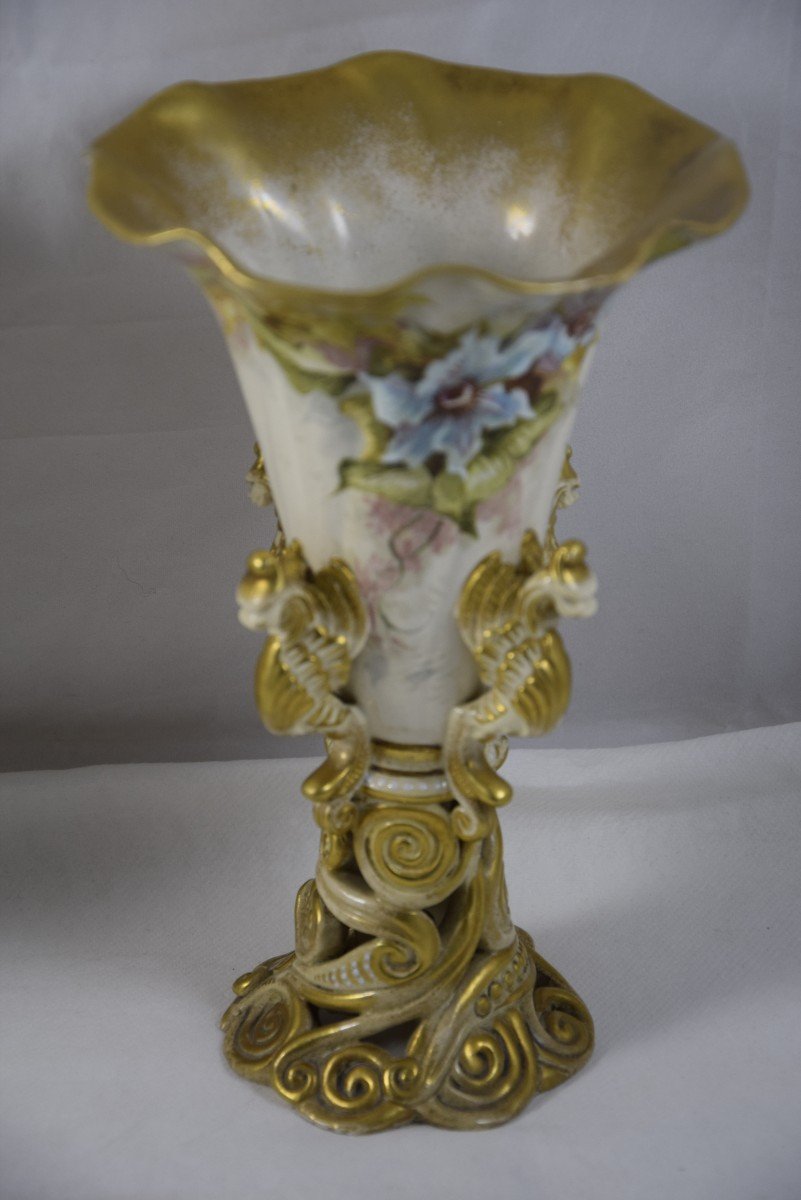 Pair Of Trumpet Vases In Enameled Ceramic, Lambeth Doulton England, Late 19th Century -photo-1