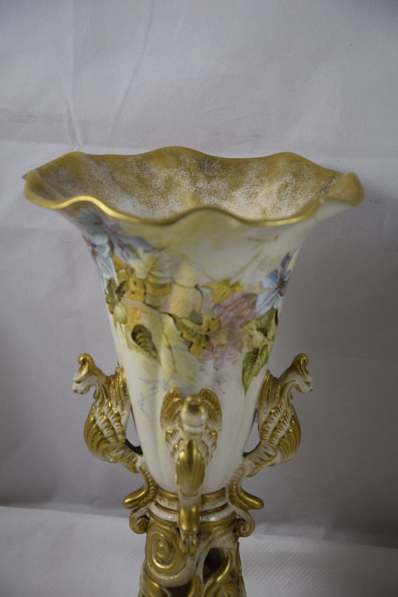 Pair Of Trumpet Vases In Enameled Ceramic, Lambeth Doulton England, Late 19th Century -photo-4