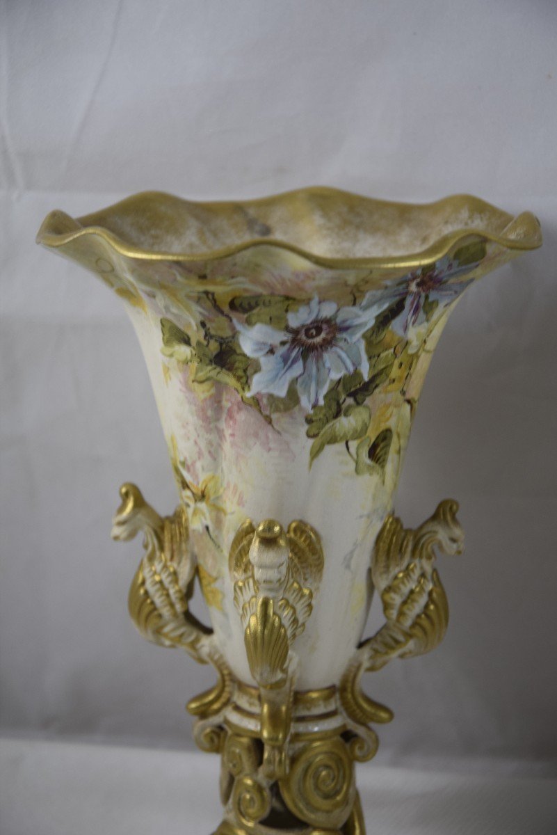 Pair Of Trumpet Vases In Enameled Ceramic, Lambeth Doulton England, Late 19th Century -photo-5