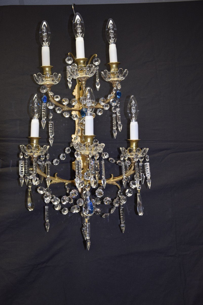 Pair Of 6-light Wall Lights, In Bronze And Baccarat Crystal, Circa 1900-photo-2