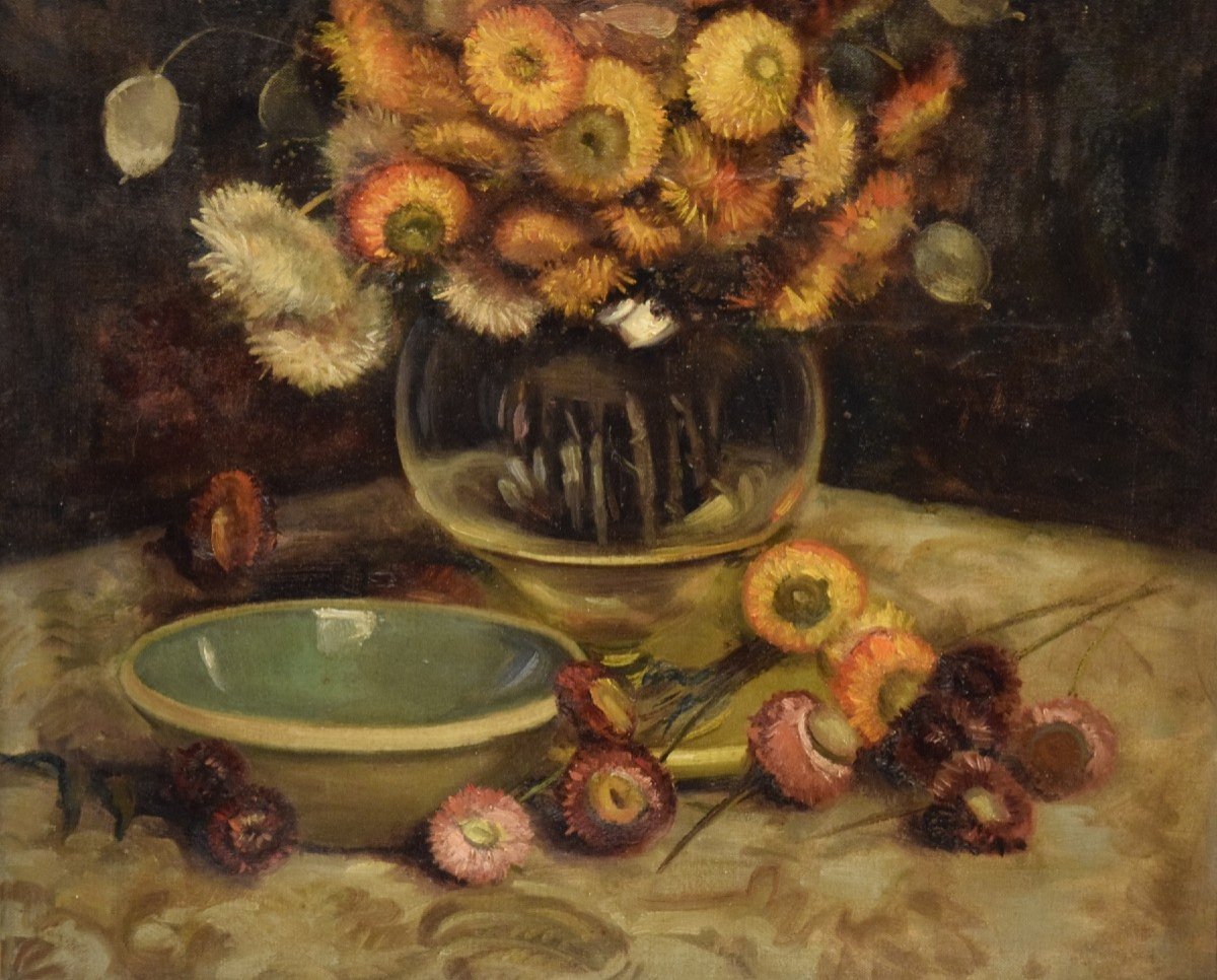 Bouquet Of Dried Flowers, Oil On Canvas Signed Mary Vonne, Mid-20th Century -photo-3