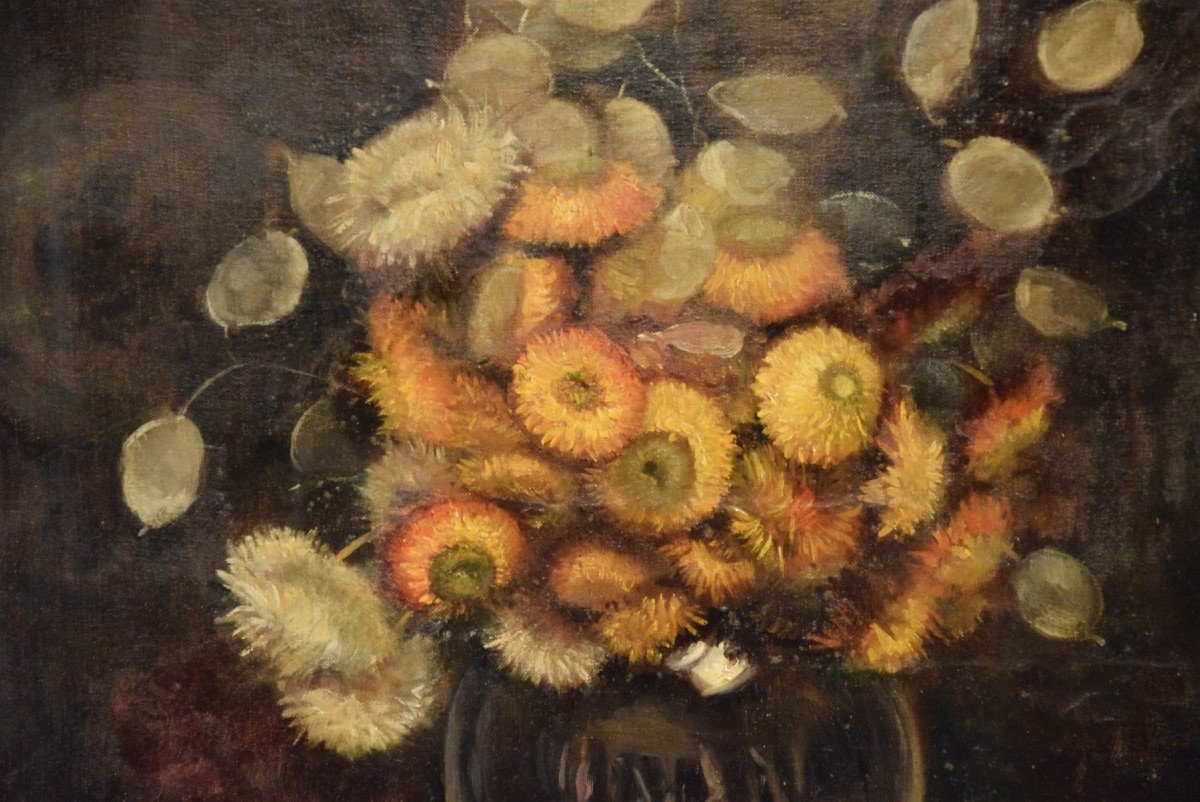 Bouquet Of Dried Flowers, Oil On Canvas Signed Mary Vonne, Mid-20th Century -photo-4