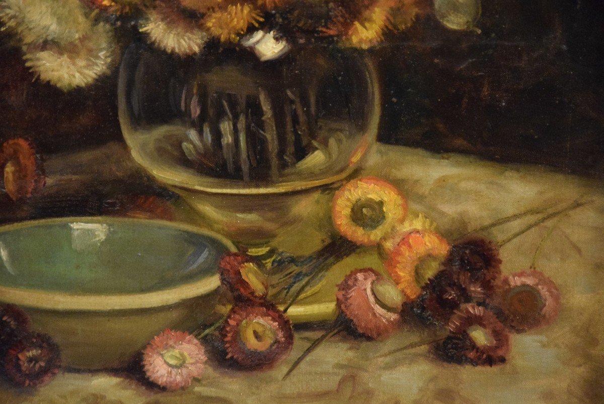 Bouquet Of Dried Flowers, Oil On Canvas Signed Mary Vonne, Mid-20th Century -photo-2