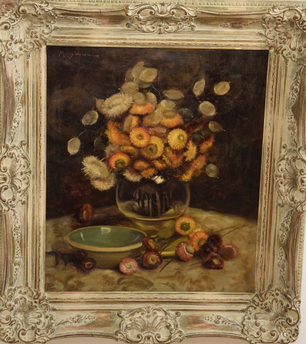 Bouquet Of Dried Flowers, Oil On Canvas Signed Mary Vonne, Mid-20th Century -photo-5