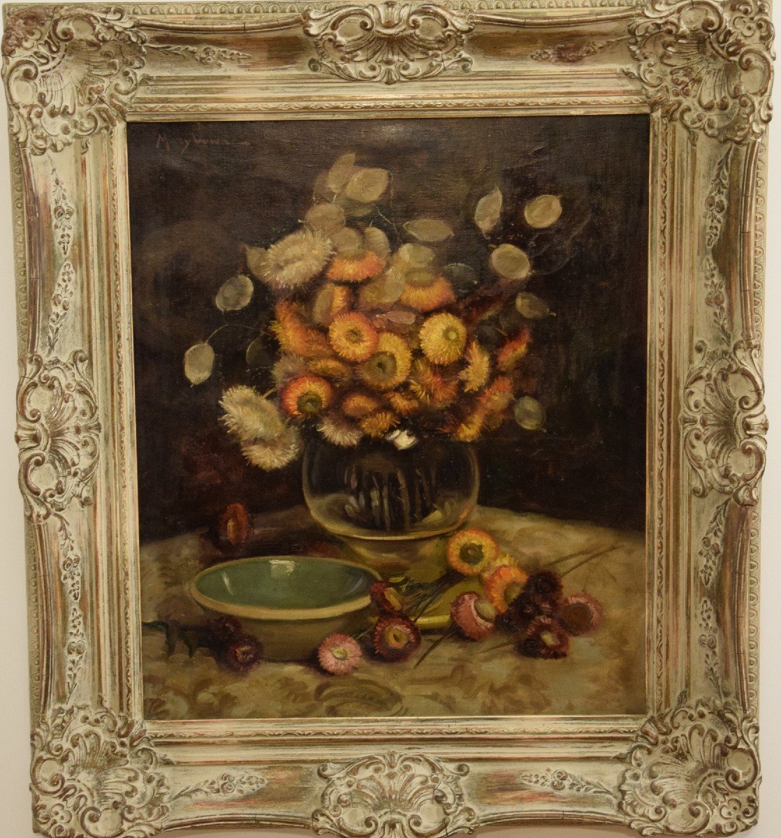 Bouquet Of Dried Flowers, Oil On Canvas Signed Mary Vonne, Mid-20th Century 