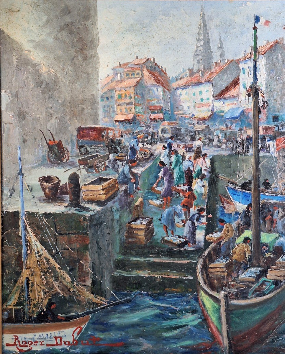 Arrivée des bateaux de pêche à La Rochelle , huile signée Roger Dubut (1890-1960)-photo-3