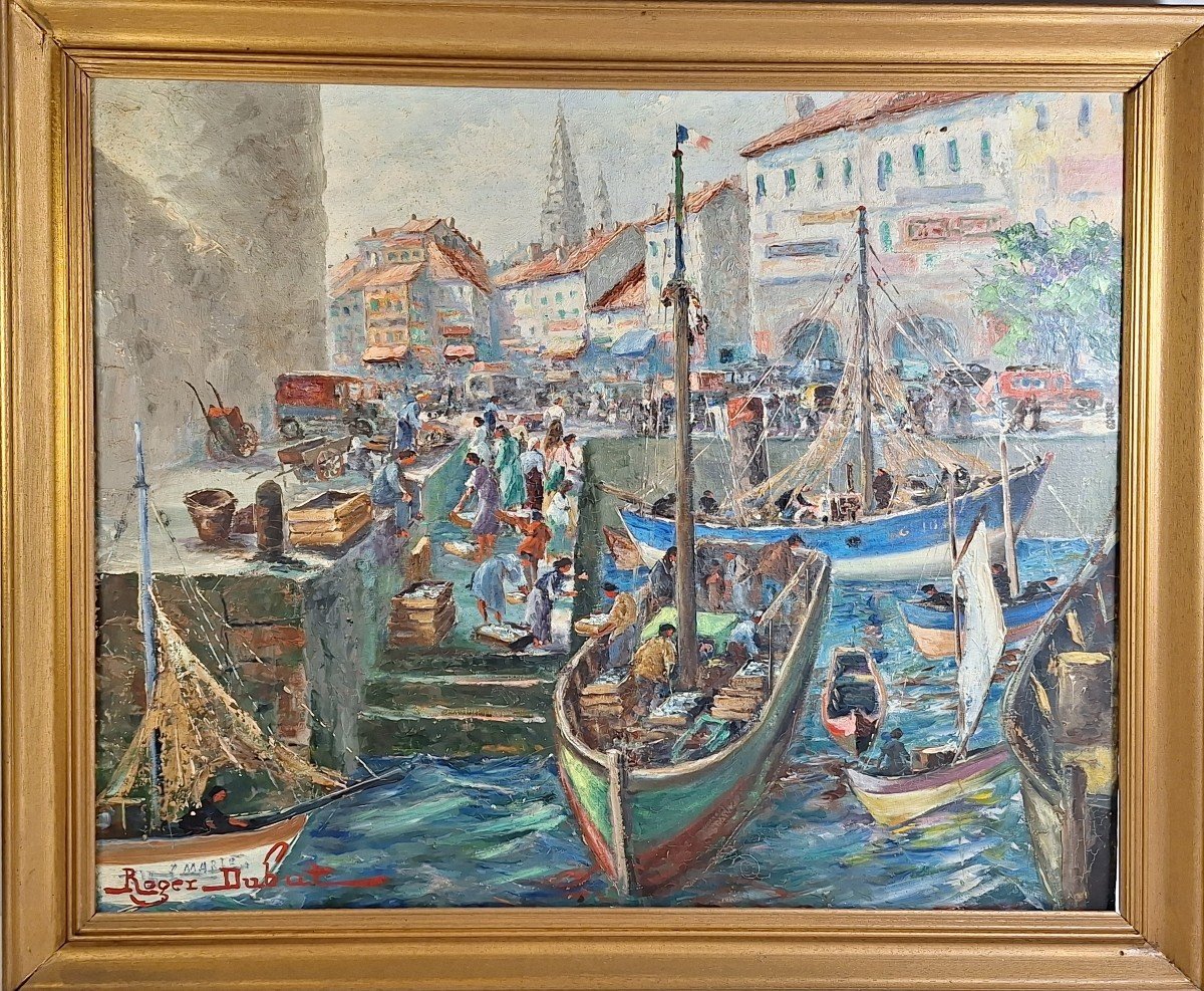 Arrivée des bateaux de pêche à La Rochelle , huile signée Roger Dubut (1890-1960)