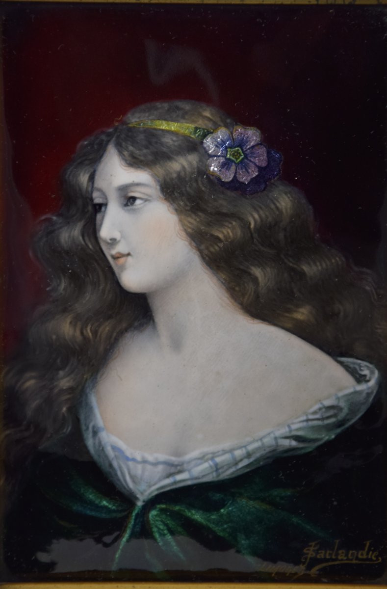 Jules Sarlandie (1874-1936)  Portrait d'Une Jeune Femme à La Fleur , émail Sur Cuivre -photo-2