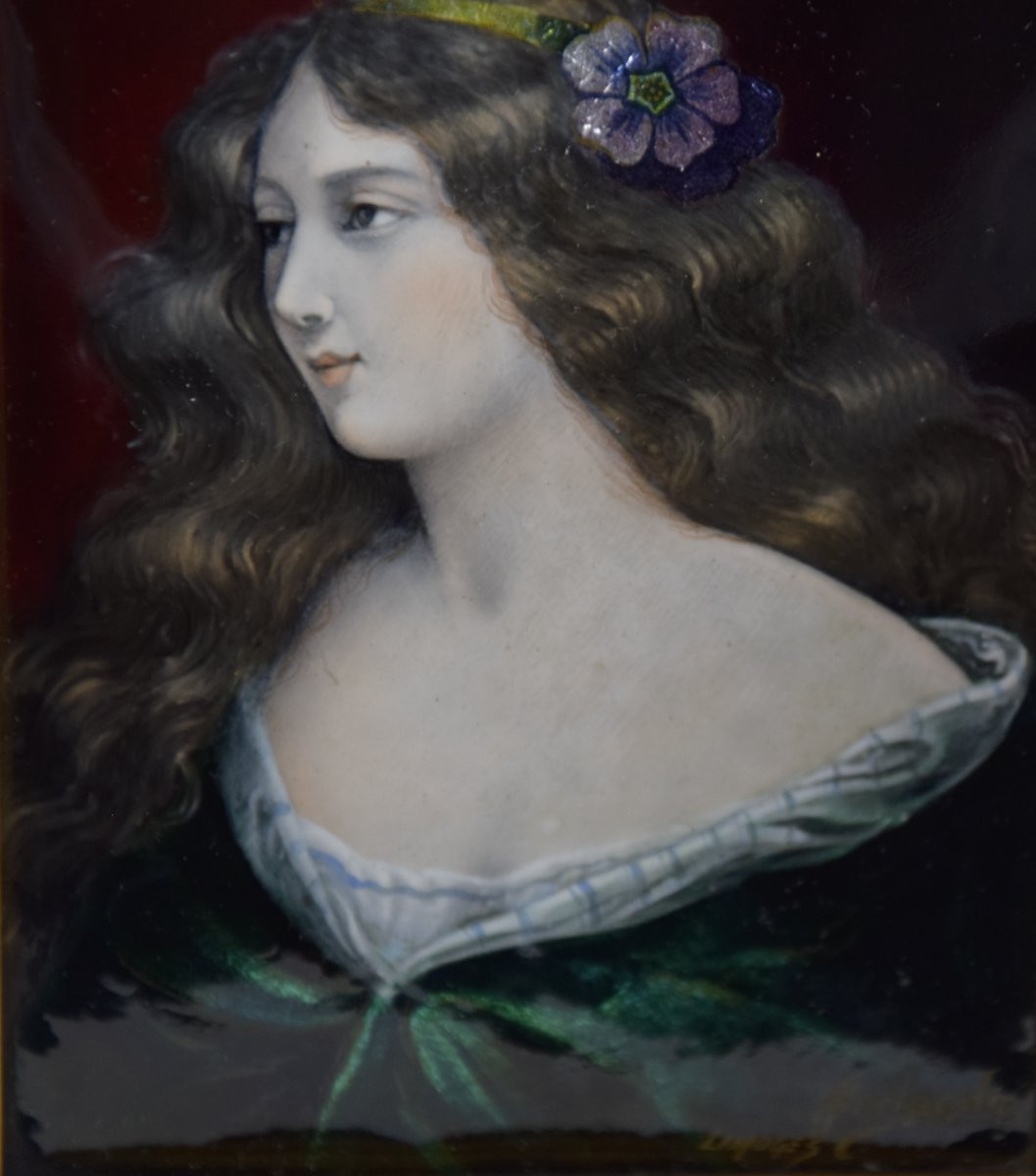 Jules Sarlandie (1874-1936)  Portrait d'Une Jeune Femme à La Fleur , émail Sur Cuivre -photo-3