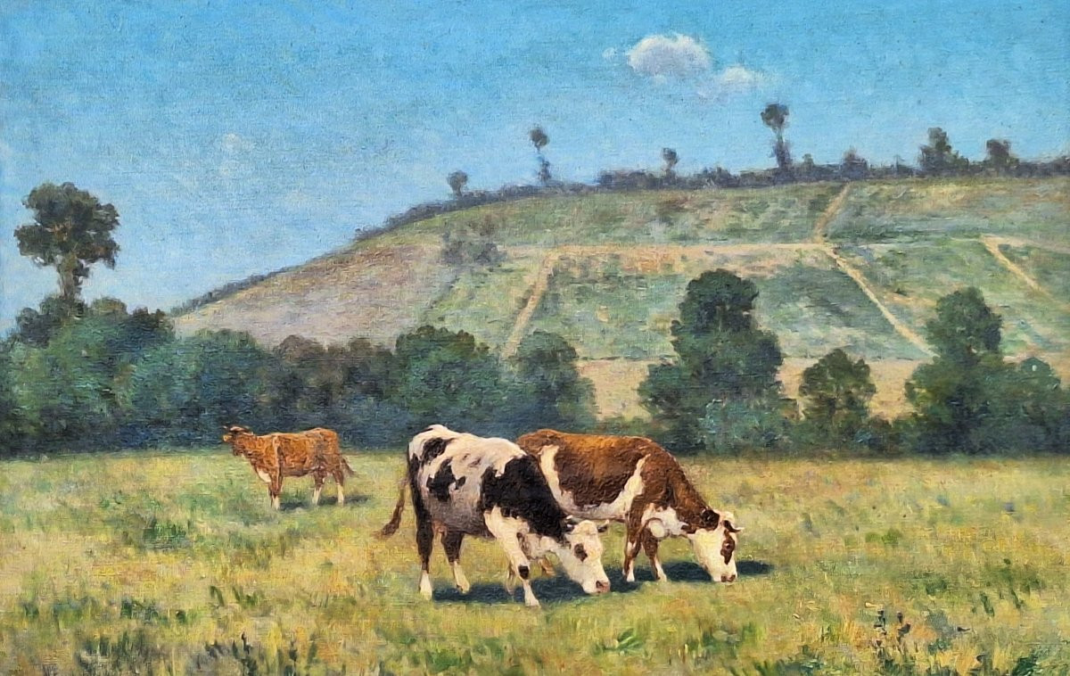 Maurice Lessertisseux ( 1864 --   ) "the Cows In The Meadow " Oil On Canvas,-photo-4