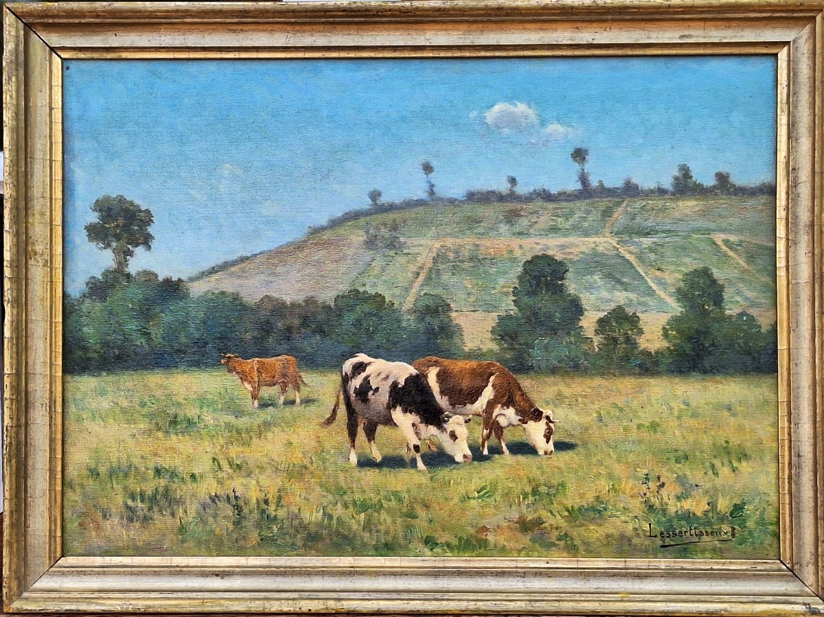 Maurice Lessertisseux ( 1864 --   ) "the Cows In The Meadow " Oil On Canvas,