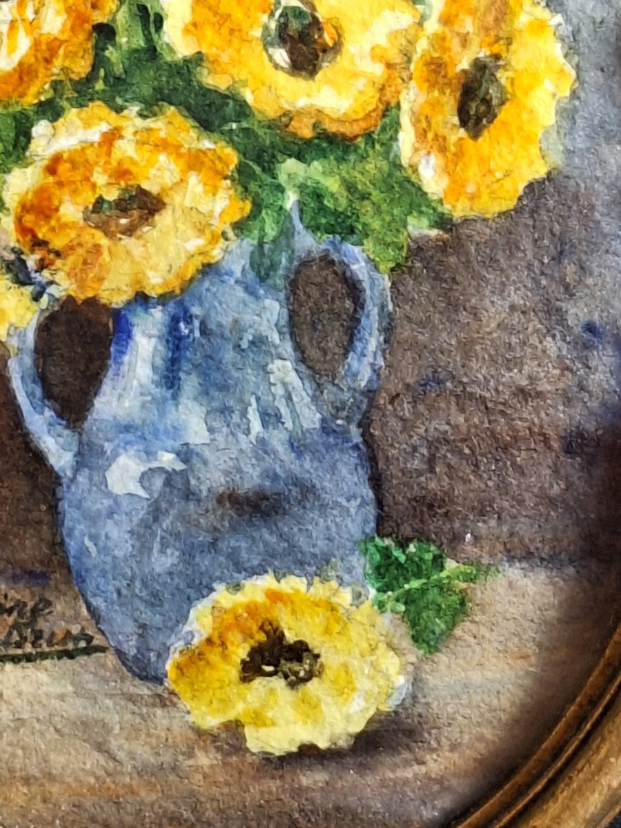 Madeleine Dambrun  ( 1875-1960) , bouquet de fleurs , tournesols , aquarelle .-photo-3