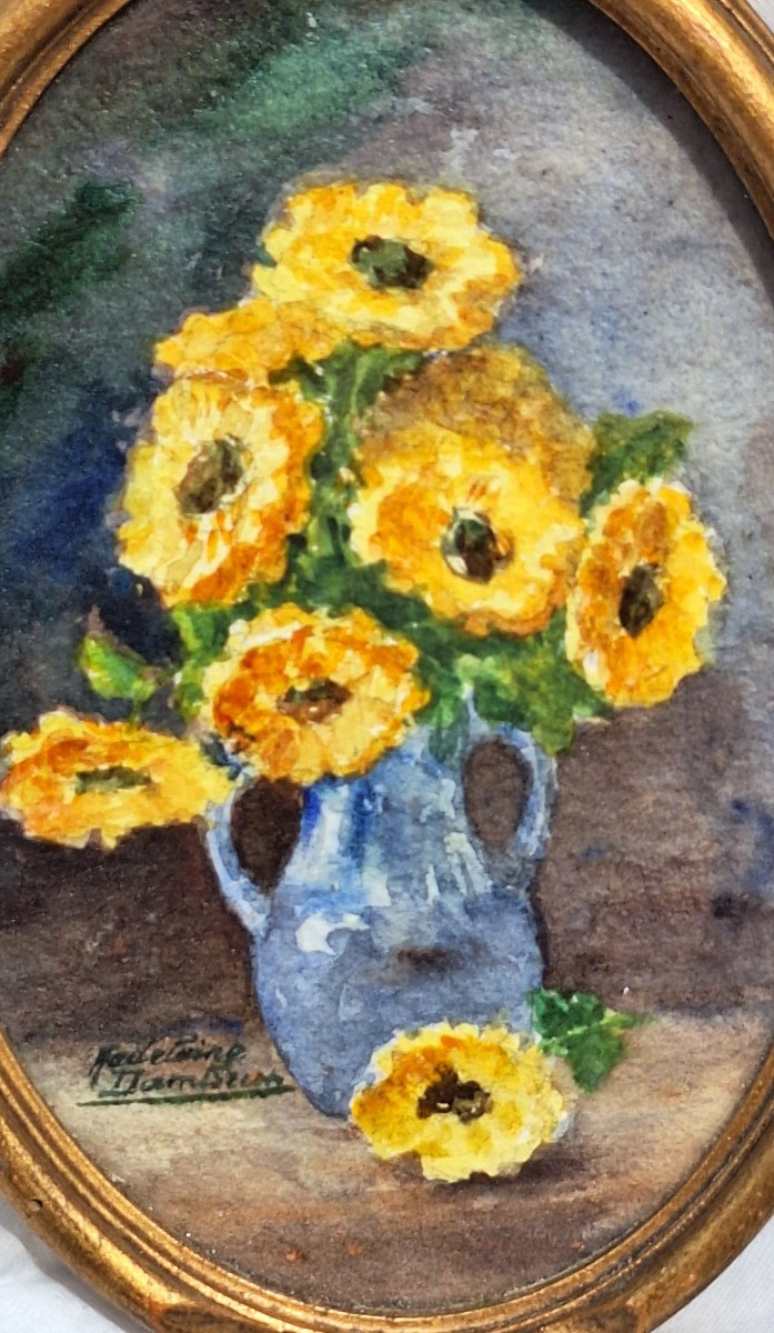 Madeleine Dambrun  ( 1875-1960) , bouquet de fleurs , tournesols , aquarelle .-photo-3