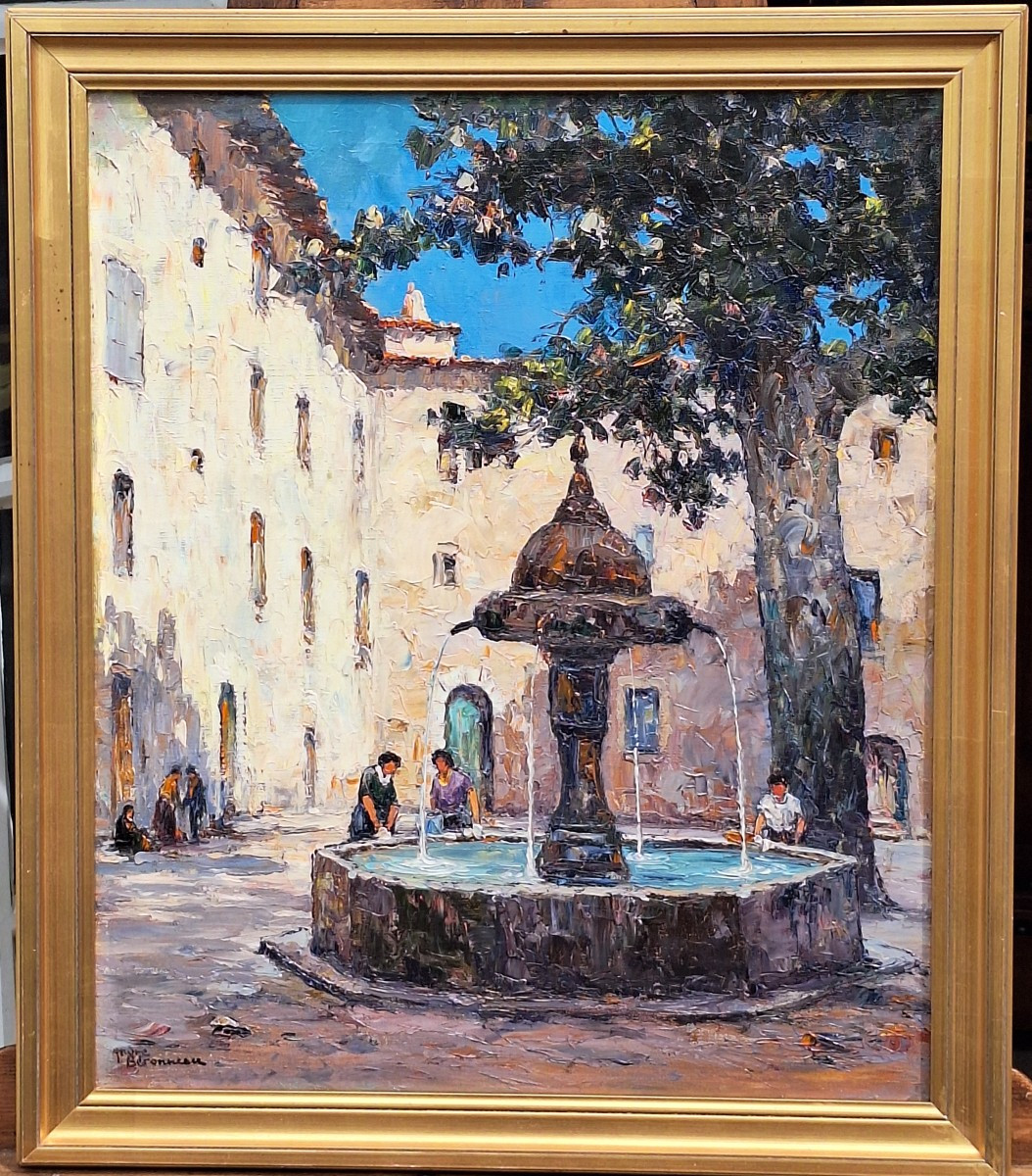 André Beronneau  "La  vielle fontaine de Cotignac dans le Var" , huile sur toile 