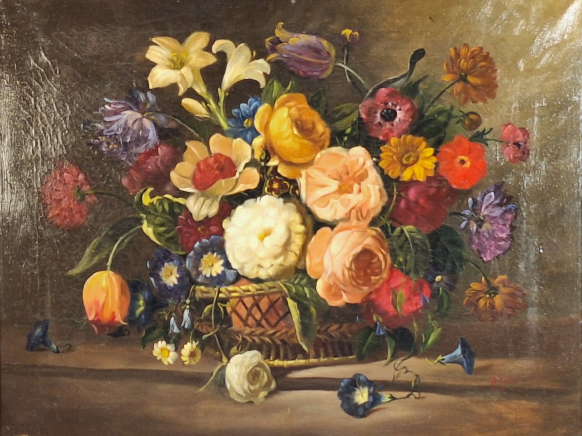 Pair Of Still Lifes With Baskets Of Flowers, Italy, Late 19th Century -photo-5