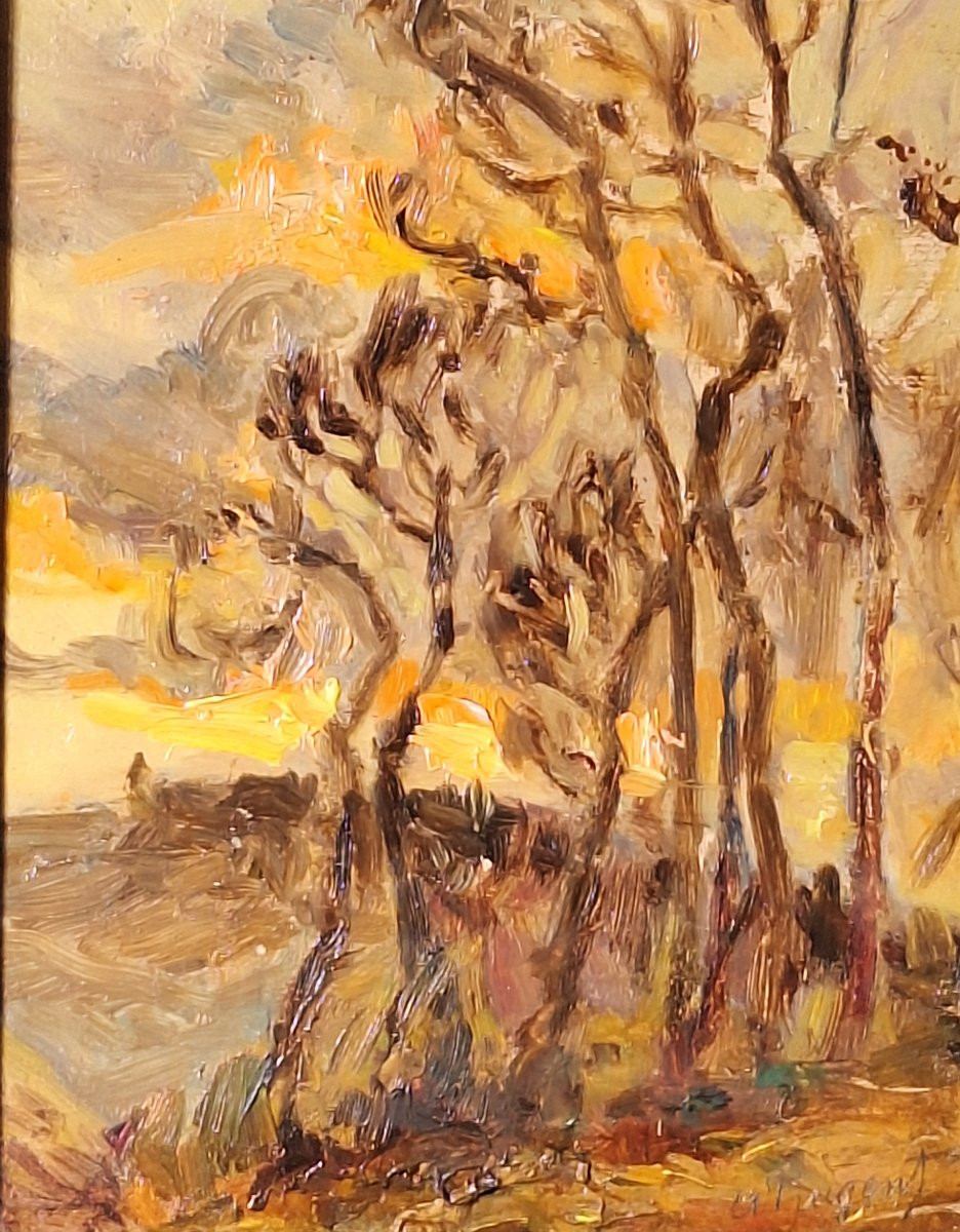 A.Prugent ( 1882-1965) "Coucher de soleil hivernal en Périgord ", huile sur carton -photo-2