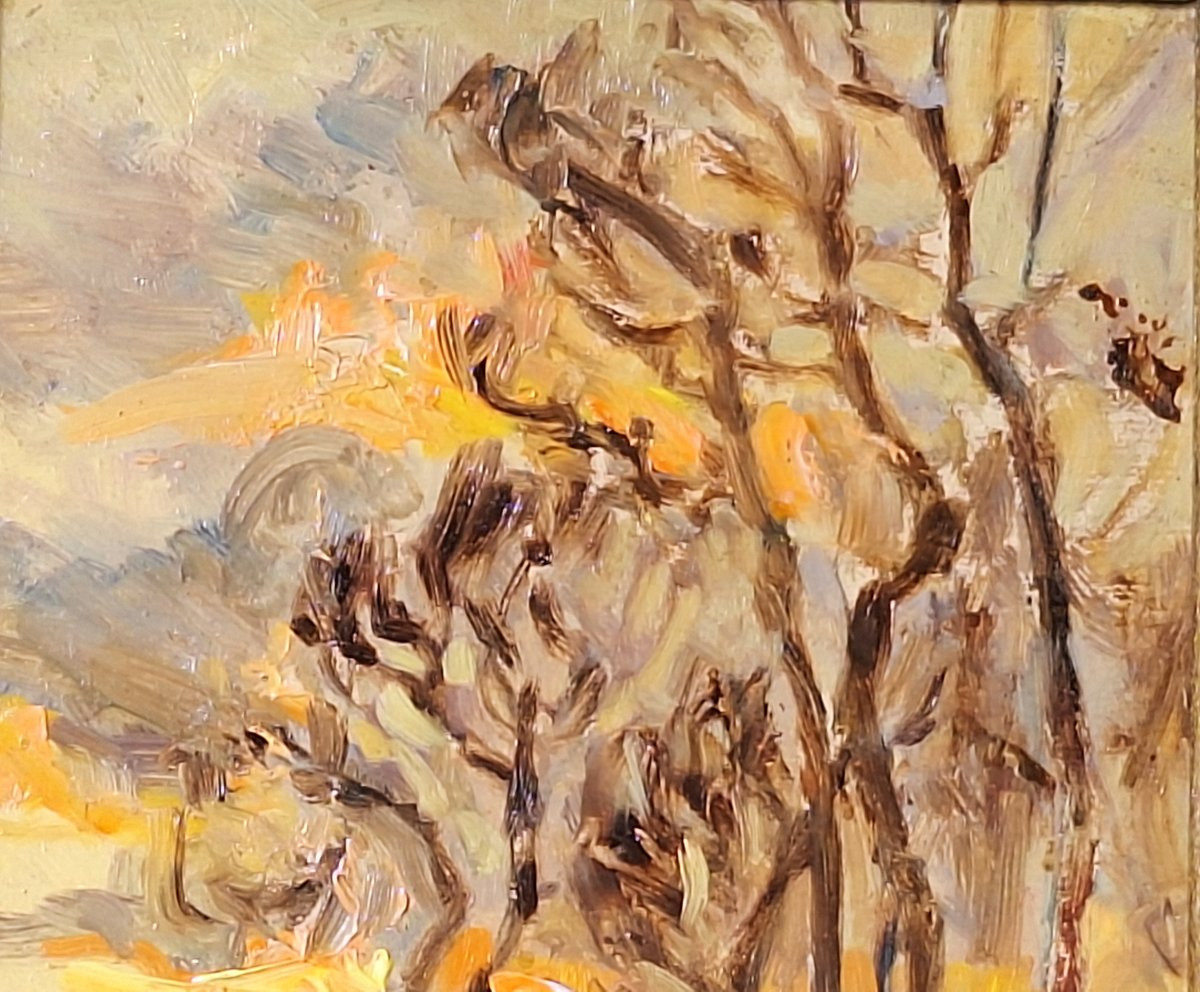 A.Prugent ( 1882-1965) "Coucher de soleil hivernal en Périgord ", huile sur carton -photo-1