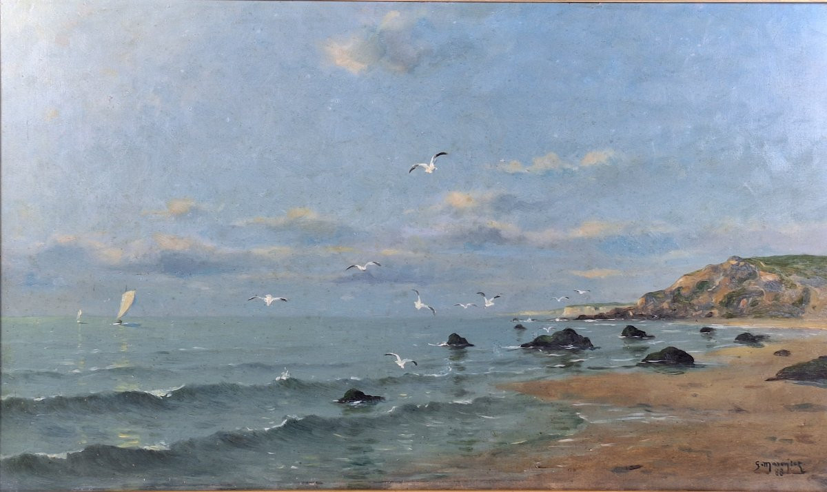 Georges Maroniez (Douai 1865-Paris 1933) "  La Côte d'Opale " Huile sur panneau bois , 1888.-photo-4