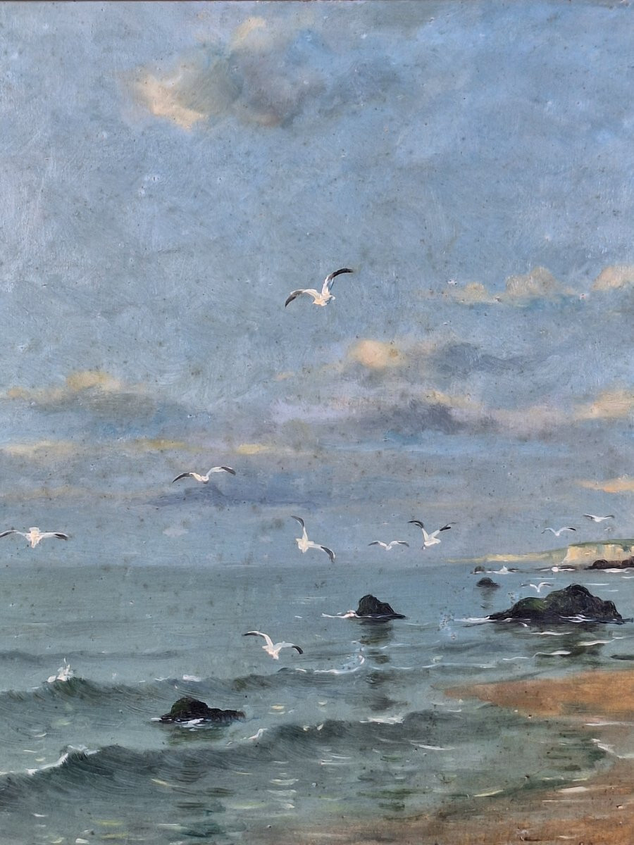 Georges Maroniez (Douai 1865-Paris 1933) "  La Côte d'Opale " Huile sur panneau bois , 1888.-photo-2