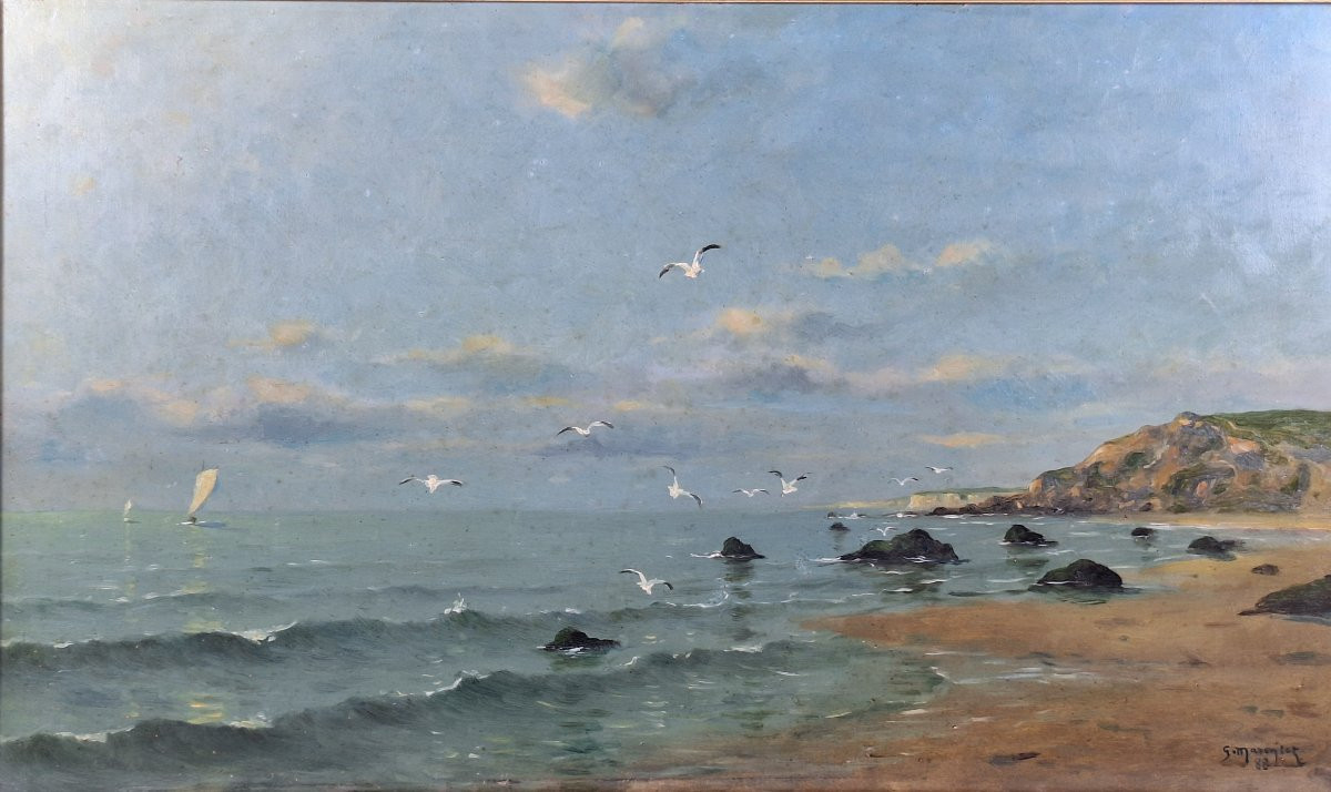 Georges Maroniez (Douai 1865-Paris 1933) "  La Côte d'Opale " Huile sur panneau bois , 1888.-photo-7