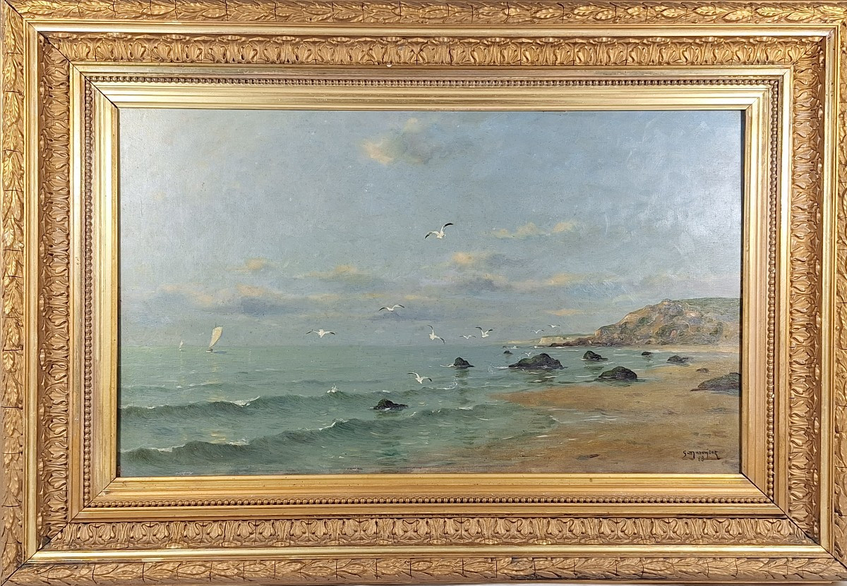 Georges Maroniez (Douai 1865-Paris 1933) "  La Côte d'Opale " Huile sur panneau bois , 1888.