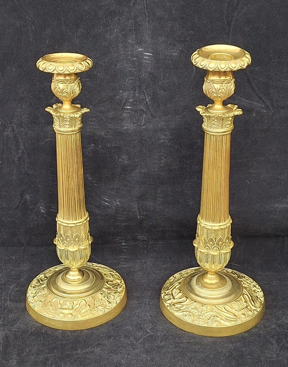 Pair Of Empire Style Gilt Bronze Candlesticks, Swan Decor, 19th Century 