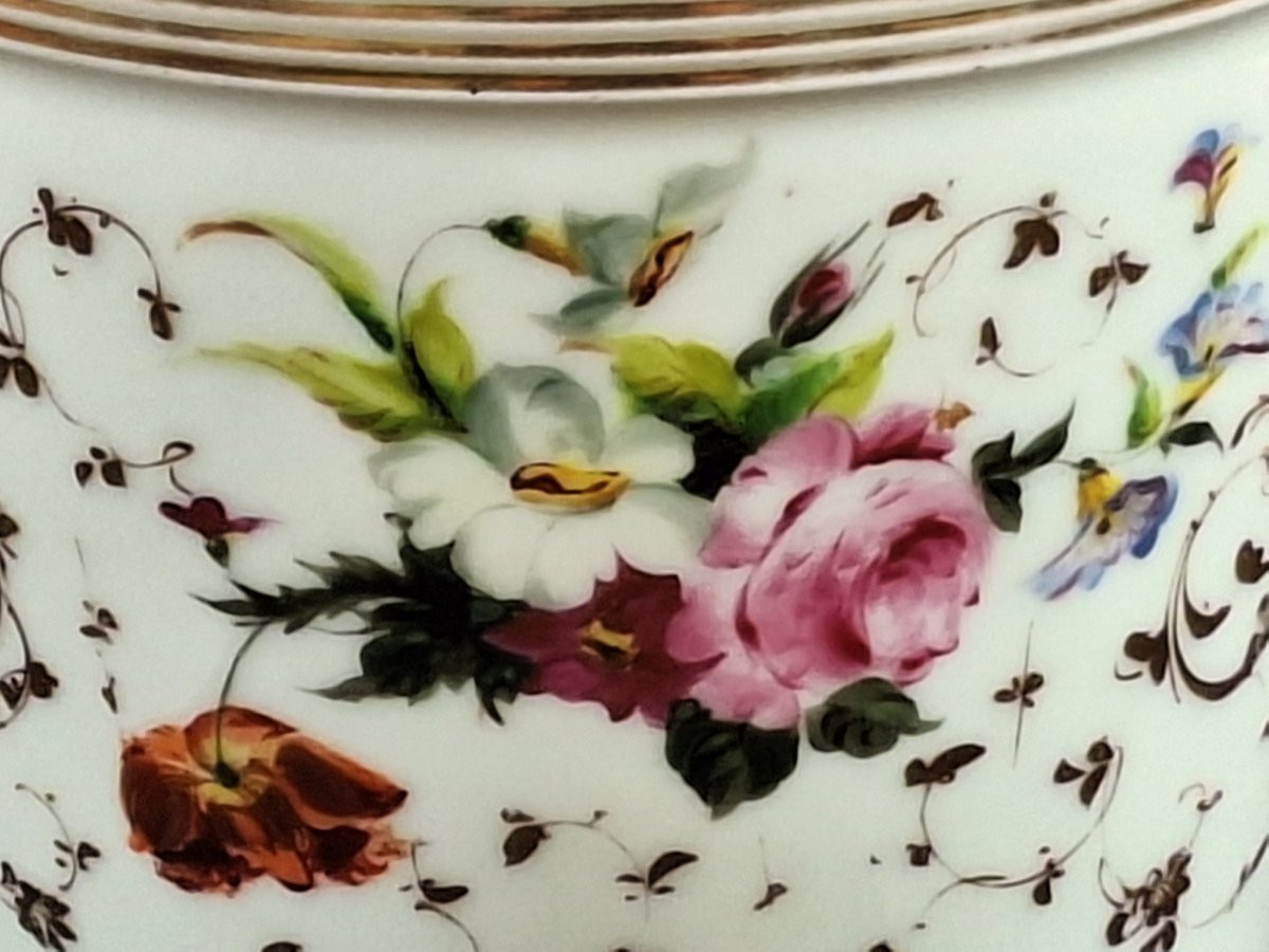 Cache Pot In Paris Porcelain, Hand-painted Flower Decor, 19th Century -photo-3