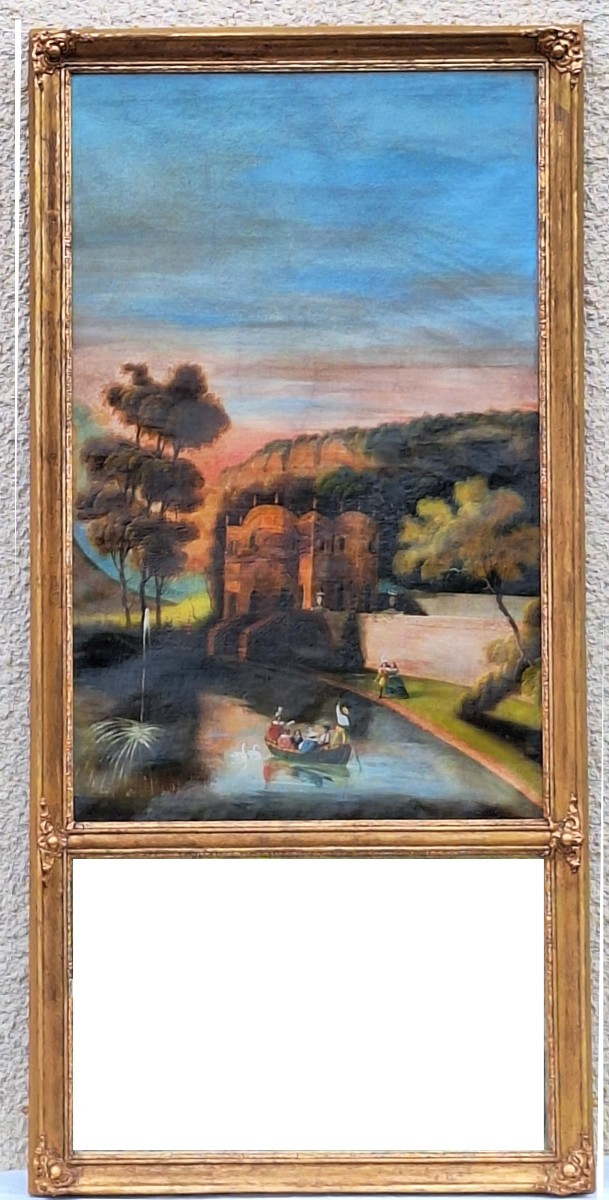 Trumeau en bois doré ,scène  romantique ,époque Restauration ,XIXème -photo-1