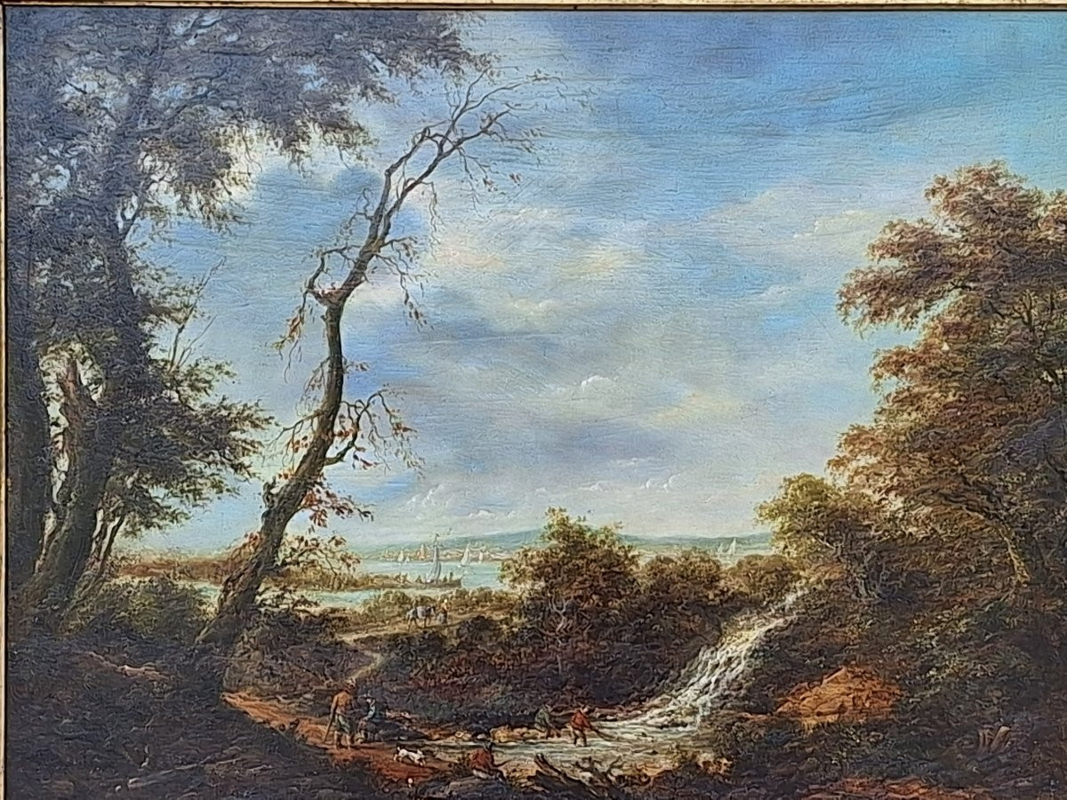 Ecole du Nord , paysage fluvial animé , début XIXème, huile sur panneau acajou-photo-2