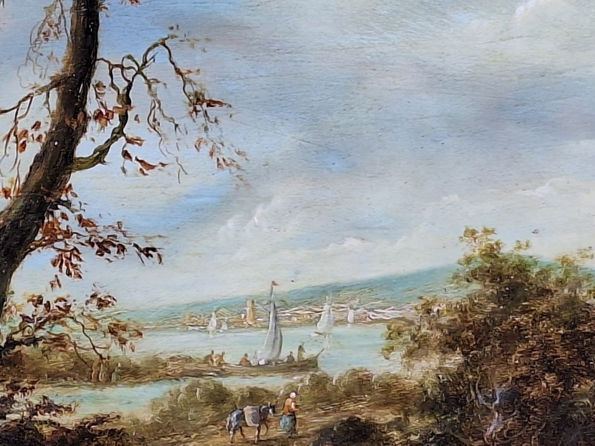 Ecole du Nord , paysage fluvial animé , début XIXème, huile sur panneau acajou-photo-3