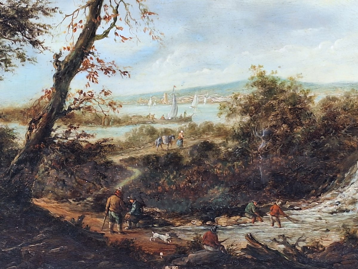 Ecole du Nord , paysage fluvial animé , début XIXème, huile sur panneau acajou-photo-4