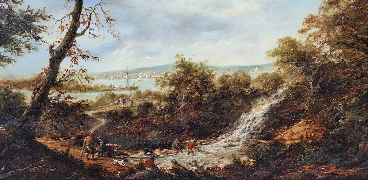 Ecole du Nord , paysage fluvial animé , début XIXème, huile sur panneau acajou-photo-1