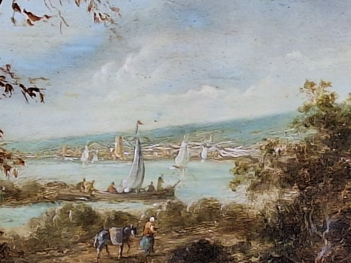 Ecole du Nord , paysage fluvial animé , début XIXème, huile sur panneau acajou-photo-2