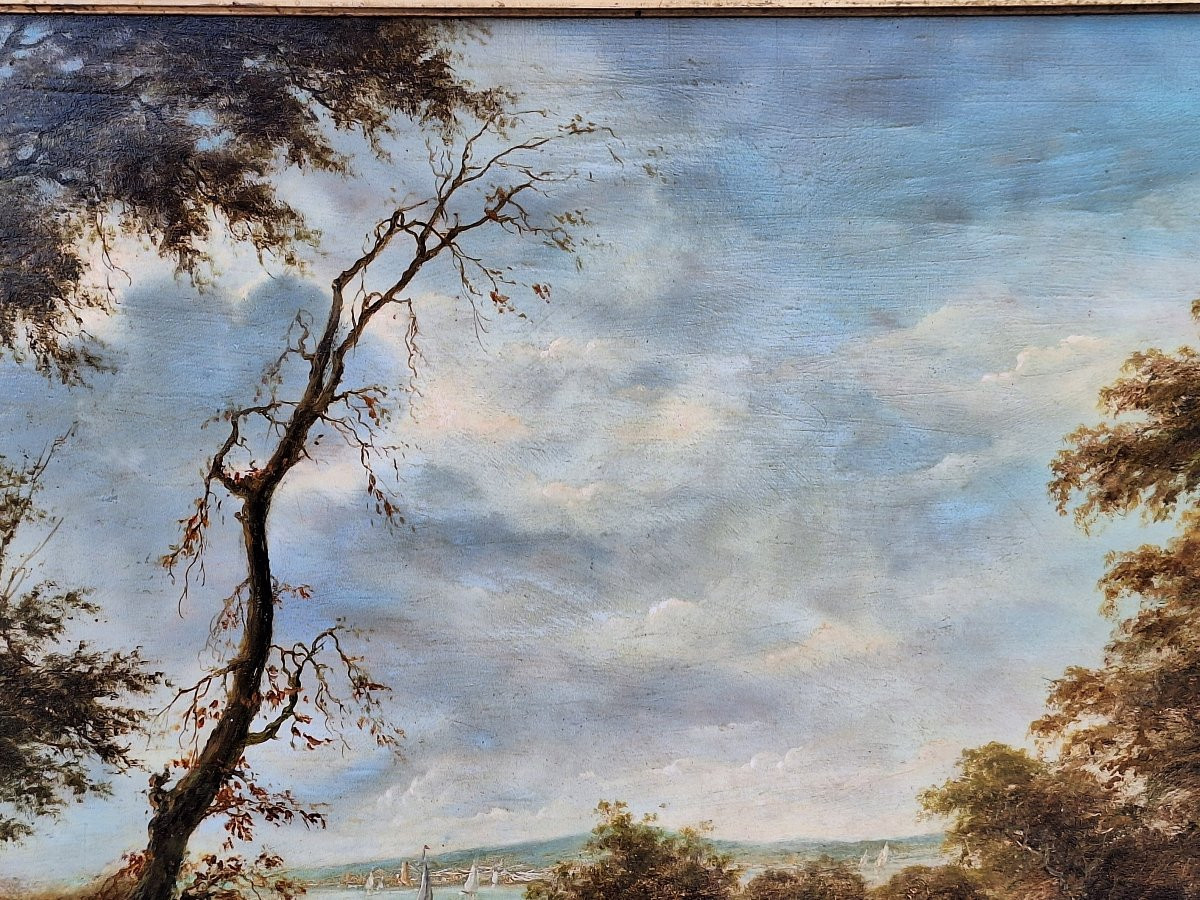 Ecole du Nord , paysage fluvial animé , début XIXème, huile sur panneau acajou-photo-4