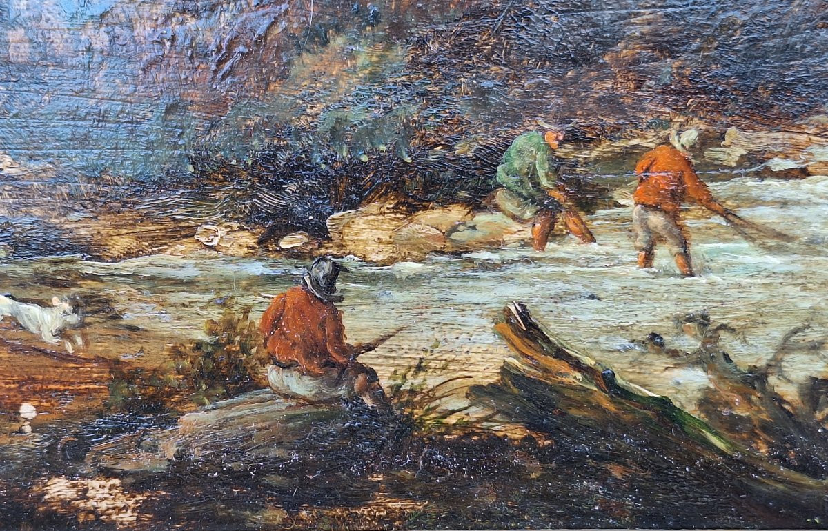 Ecole du Nord , paysage fluvial animé , début XIXème, huile sur panneau acajou-photo-6