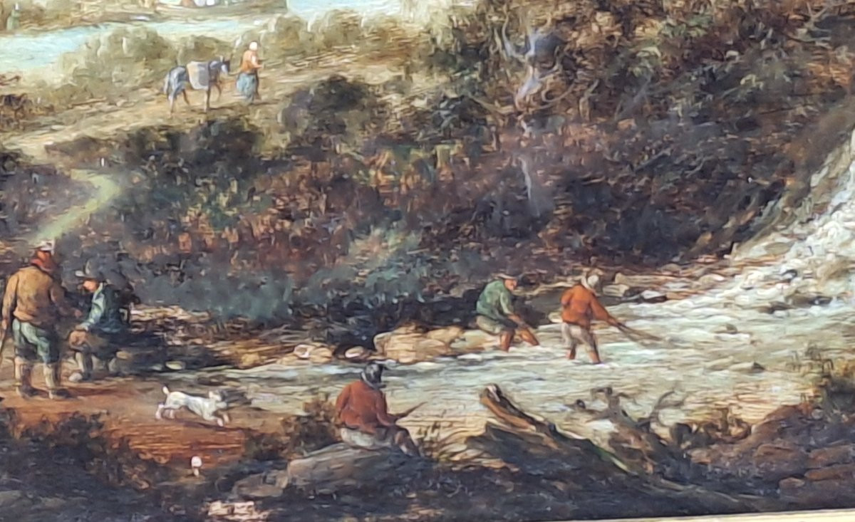 Ecole du Nord , paysage fluvial animé , début XIXème, huile sur panneau acajou-photo-7