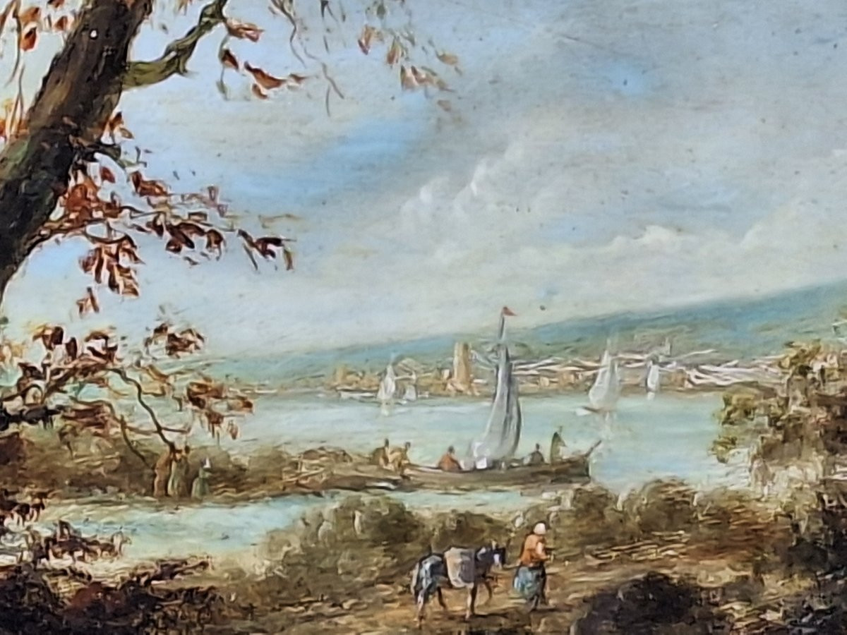 Ecole du Nord , paysage fluvial animé , début XIXème, huile sur panneau acajou-photo-8