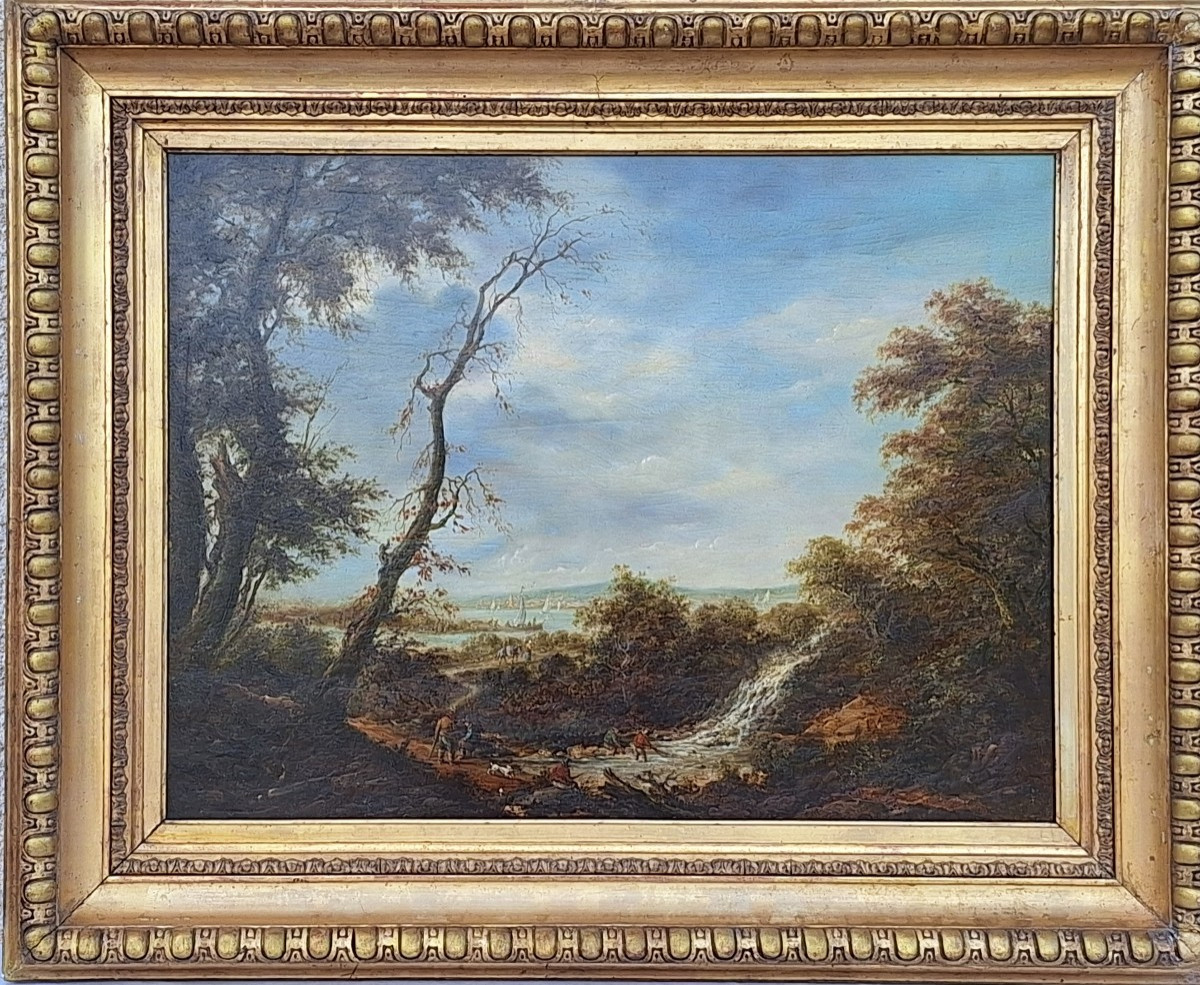 Ecole du Nord , paysage fluvial animé , début XIXème, huile sur panneau acajou
