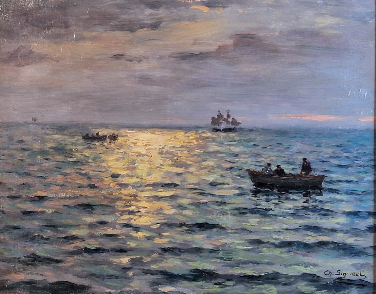 Charles Signoret (1867-1932), "marine au crépuscule "  huile sur toile .-photo-2