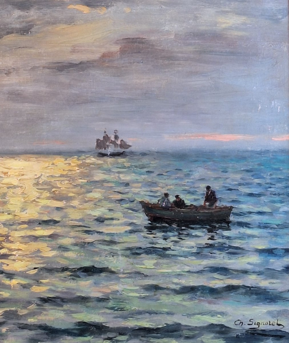 Charles Signoret (1867-1932), "marine au crépuscule "  huile sur toile .-photo-2