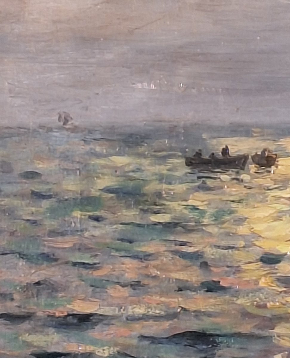 Charles Signoret (1867-1932), "marine au crépuscule "  huile sur toile .-photo-6