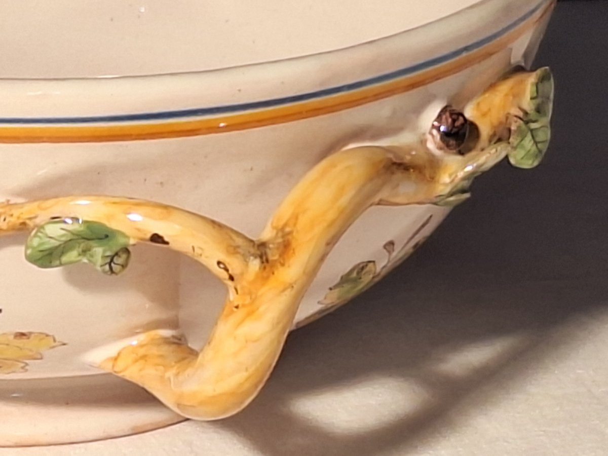 Soupière en faïence  , décor polychrome de fleurs, feuillages et papillons-photo-4