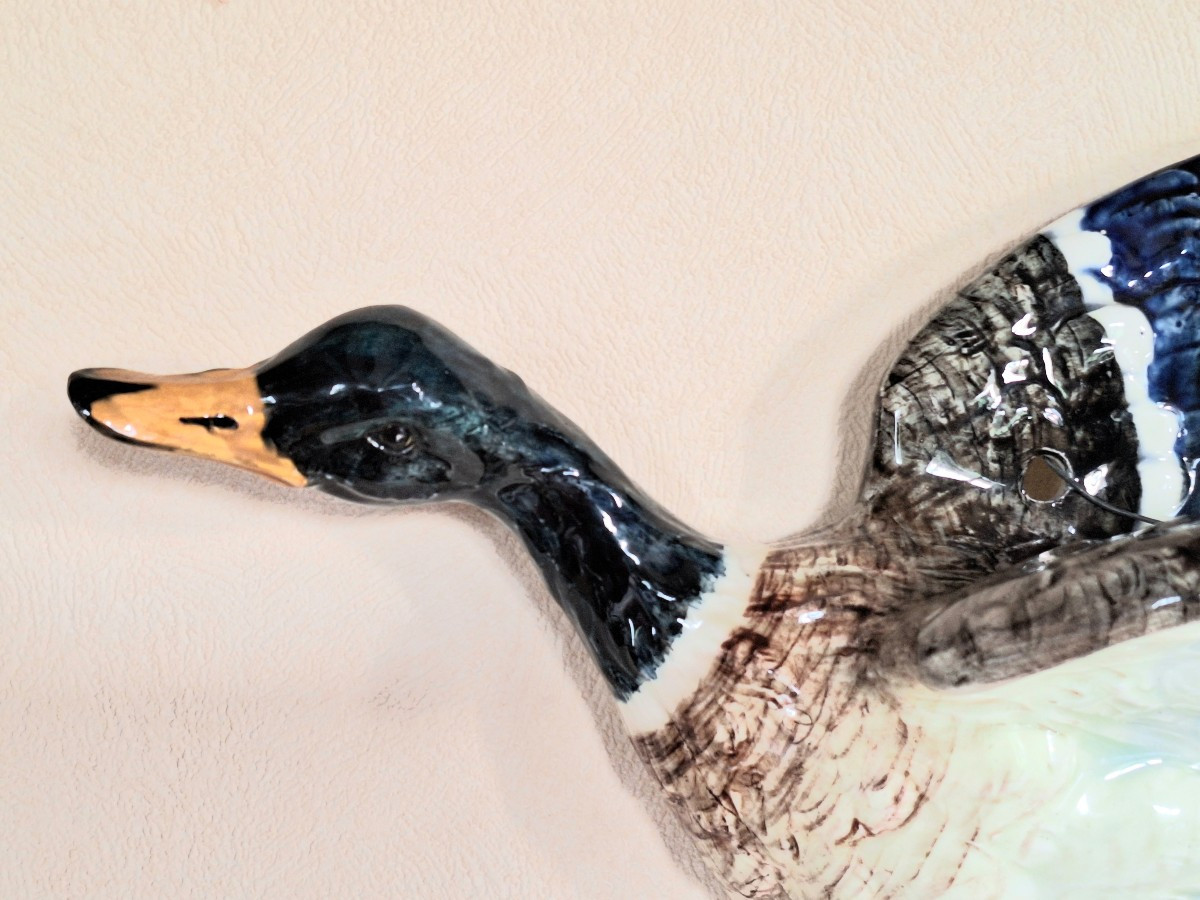 Delphin Massier, Wall-mounted Flower Girl In Slip, Mallard Duck, Vallauris, Late 19th Century -photo-3