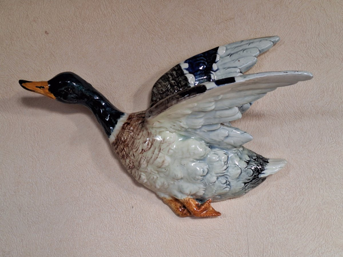 Delphin Massier, Wall-mounted Flower Girl In Slip, Mallard Duck, Vallauris, Late 19th Century -photo-1
