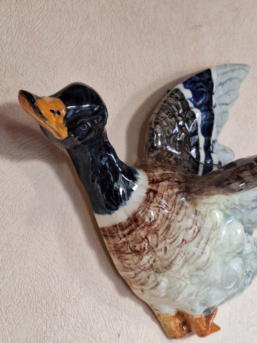 Delphin Massier, Wall-mounted Flower Girl In Slip, Mallard Duck, Vallauris, Late 19th Century -photo-3