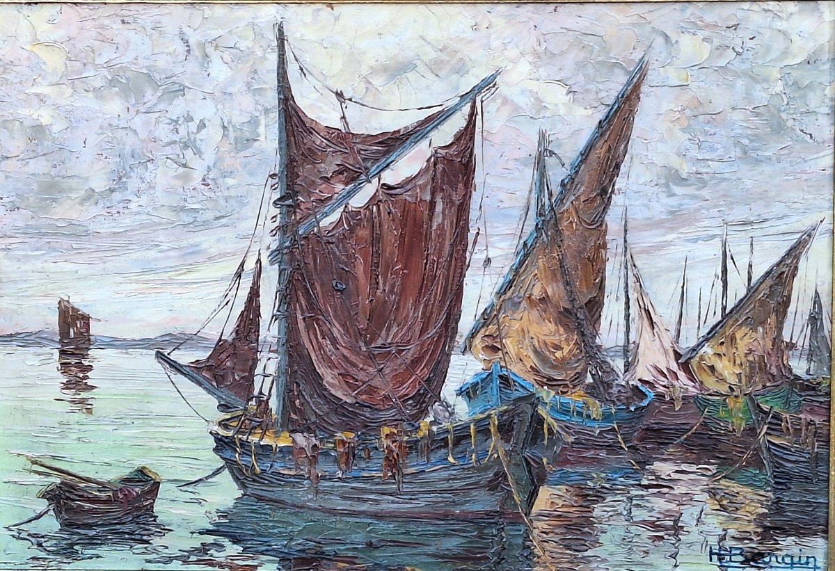 Henri Bargin ( 1906-1980)  "Tartanes dans la baie de Saint Tropez " Huile sur panneau-photo-2