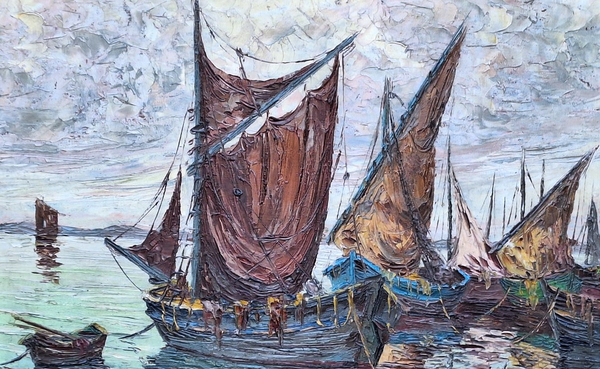 Henri Bargin ( 1906-1980)  "Tartanes dans la baie de Saint Tropez " Huile sur panneau-photo-3