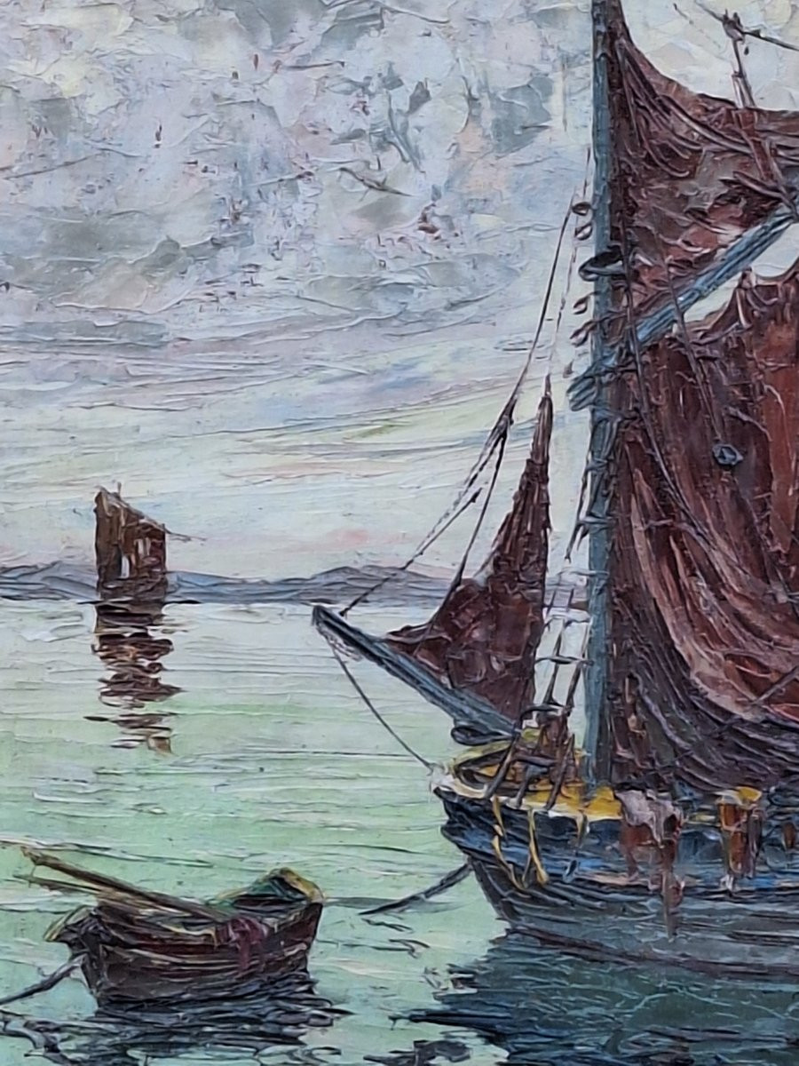 Henri Bargin ( 1906-1980)  "Tartanes dans la baie de Saint Tropez " Huile sur panneau-photo-4